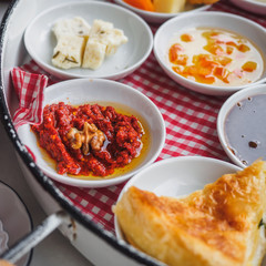 Classic turkish breakfast with different types of cheese