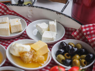 Classic turkish breakfast with different types of cheese