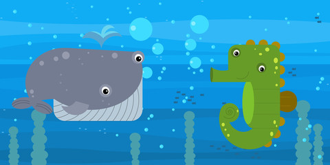 cheerful cartoon underwater scene with swimming coral reef fishes illustration