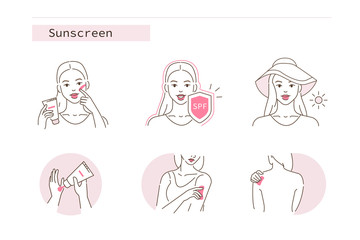 Beauty Girl Take Care of her Face, Body and Use Facial Sunscreen Cream with Spf Protection. Woman Applying Sunblock Product. Sun Protection Skincare. Flat Vector Illustration and Icons set.