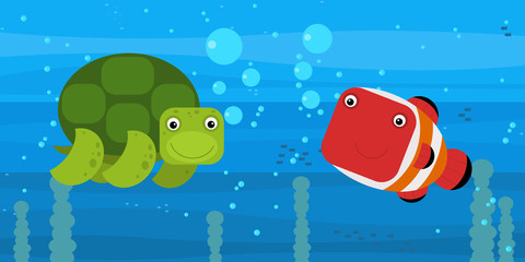 Fototapeta premium cheerful cartoon underwater scene with swimming coral reef fishes illustration