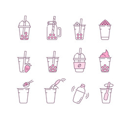 Bubble Tea Icons Set. Various Soft Drinks Symbols. Tapioca, Pearl Tea, Milkshakes, Cold Coffee and Boba Juice. Asian Beverages Signs Collection. Flat Line Cartoon Vector Illustration.