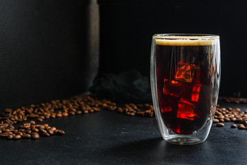 coffee drink and coffee grain (beverage, delicious hot drink). top view. copy space