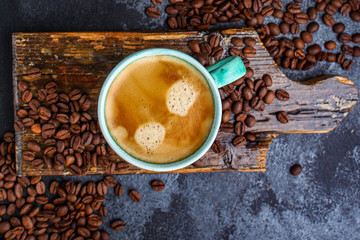 coffee drink and coffee grain (beverage, delicious hot drink). top view. copy space