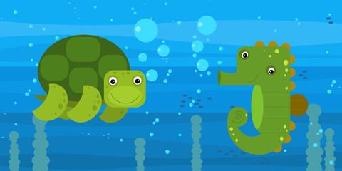 cheerful cartoon underwater scene with swimming coral reef fishes illustration