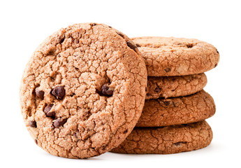 A stack of cookies with chocolate chips in close-up on a white. Isolated