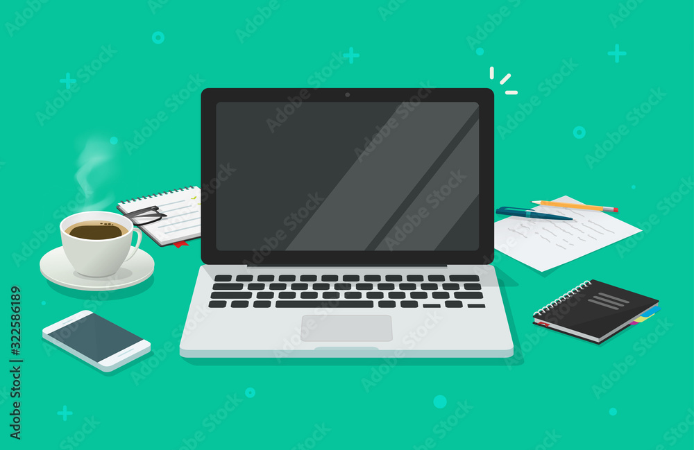 Poster computer laptop with blank empty screen for copy space text on workin desk table or workplace vector