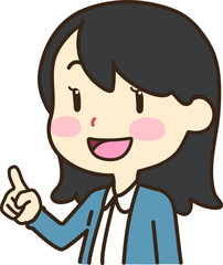 Girl with long black hair pointing with finger