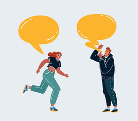 Male talking with female. Paper bubbles for speech