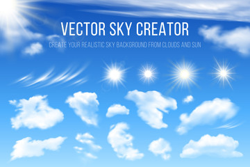 Sky creator. Realistic set of clouds and sun. Vector design elements for creating sky cards, poster or banners.