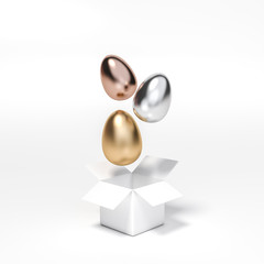 White gift box with metallic golden, silver and copper eggs on white background 3d rendering. 3D illustration giving presents. Order surprise of easter eggs holiday card template minimal concept.