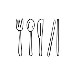 A set of cutlery made of bamboo. Eco-friendly European and Asian cutlery. Fork, spoon, knife, bamboo sticks. Black and white illustration on a white background in doodle style