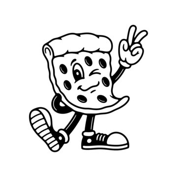 CARTOON PIZZA GUY WITH PEACE SIGN BLACK WHITE BACKGROUND