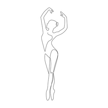 Ballerina one line drawing on white isolated background. A young woman is dancing. Vector illustration