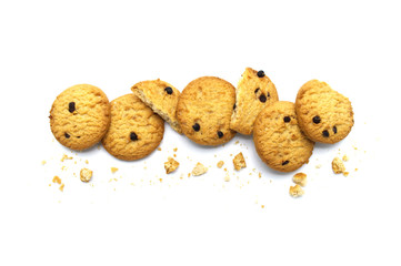 Chocolate chip cookies and crumble cracks isolated on white background. Sweet biscuits delicious and crunchy homemade pastry.
