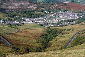 Bwlch y Clawdd looking down towards Cwm Parc and Treorchy Rhondda Valley Mid Glamorgan Wales