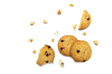 Chocolate chip cookies and crumble cracks isolated on white background. Sweet biscuits delicious and crunchy homemade pastry.