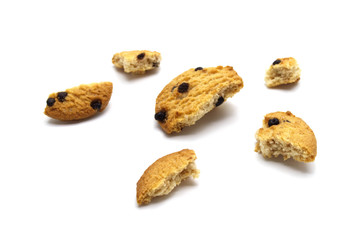Chocolate chip cookies with cracked isolated on white background. Sweet biscuits delicious and crunchy homemade pastry.