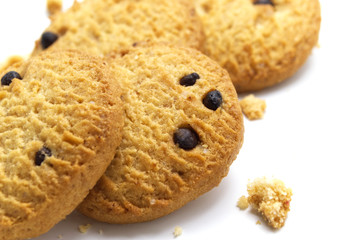 Chocolate chip cookies isolated on white background. Sweet biscuits delicious and crunchy homemade pastry.