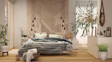Modern bedroom interior with wooden decor in eco style	