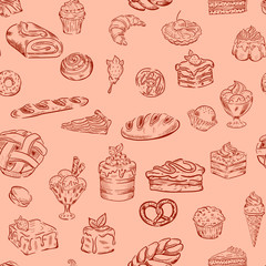 Sweets, bakery , croissant, ice cream food vector seamless retro pattern . Concept for print, wallpaper, wrapping paper, cards, menu 