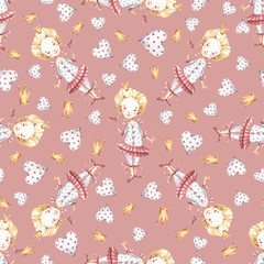 Watercolor cute nursery naive hand painted seamless pattern with princess hearts crown. Childish Handpainted print on dusty pink background. Watercolour Art for kids fabric wallpaper baby shower invit