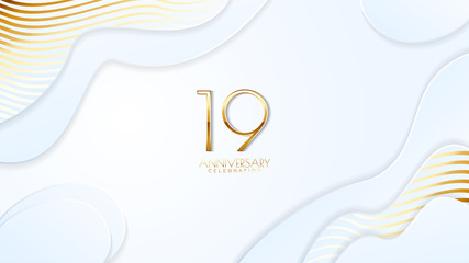 19th anniversary celebration. Golden number with realistic fluid white background. Realistic 3D sign modern elegant can be used for a company or wedding. editable design vector EPS 10.