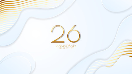26th anniversary celebration. Golden number with realistic fluid white background. Realistic 3D sign modern elegant can be used for a company or wedding. editable design vector EPS 10.