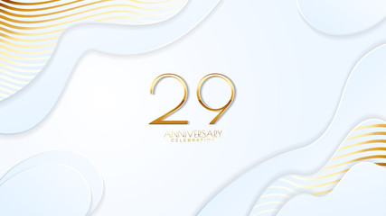 29th anniversary celebration. Golden number with realistic fluid white background. Realistic 3D sign modern elegant can be used for a company or wedding. editable design vector EPS 10.