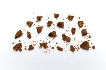 Biscuit with chocolate chip flavored. Some broken and crumbs of crunchy delicious sweet meal and useful cookie with on white background.