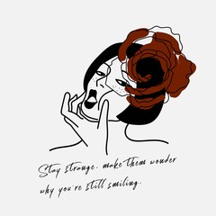 hand writing quote with illustration of black&white woman and red rose. Daily quote for positive, independent, free, positive female. Simple and modern style suitable for wall decor, cards, print.