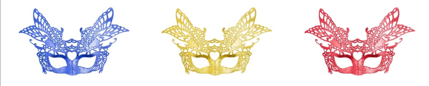 Gold, blue and red carnival masks isolated on white background. Carnival costume.