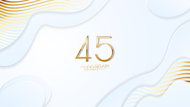 45th Anniversary Celebration. Golden Number With Realistic Fluid White Background. Realistic 3D Sign Modern Elegant Can Be Used For A Company Or Wedding. Editable Design Vector EPS 10.