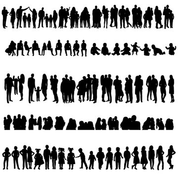 vector, isolated, black silhouette people, parents and children, set