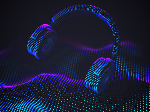 3D headphones on sound wave background. Colorful abstract visualization of digital sound and electronic music listening. Vector illustration of music equalizer and modern digital audio equipment.