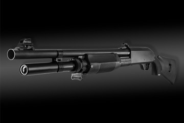 pump-action shotgun on a black background with a gradient