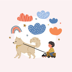 Fototapeta premium illustration of a boy with truck, dog samoyed ride