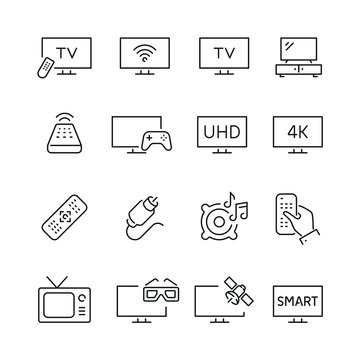 TV related icons: thin vector icon set, black and white kit