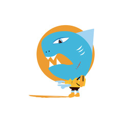 Smiling Adventure Shark Cartoon Mascot Character With Bags