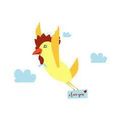 Flying cartoon chicken give her love . Vector clip art illustration