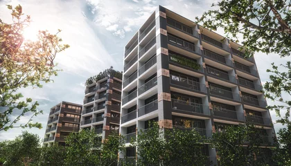 Foto op Plexiglas Modern apartment buildings exteriors, in sunny day, green area, park © guteksk7