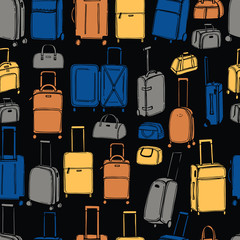 Hand drawn suitcases and bags. Vector  seamless pattern
