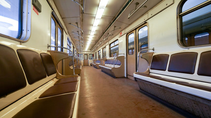 The interior of the old passenger train car of the Moscow subway, Russia.