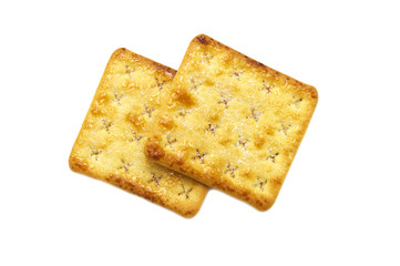 Square crackers biscuits isolated on white background. Crushed dry snack.