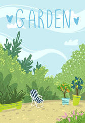 Cosy summer garden vector illustration  - obrazy, fototapety, plakaty