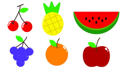 Fruits set Icons on white Background. Cherry, pineapple, watermelon, grape, orange and apple with vector illustration in flat design.