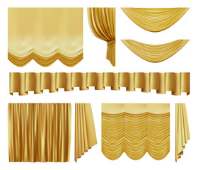 Golden stage curtains. Realistic interior theater luxury gold velvet curtains, gold royal silk decorative elements vector illustration set. 3d yellow movie, entertainment textile drapery