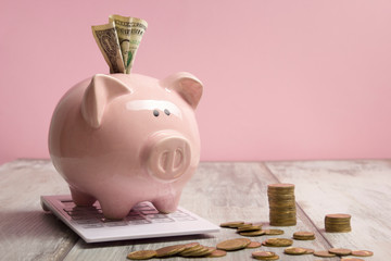 Piggy bank and golden coin. Savings and finance concept