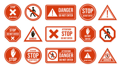 Traffic stop signs. Do not enter, warning traffic road sign. Stop, no admittance, prohibitory character street driving directions vector isolated icons. transportation forbidden, enforcement symbols