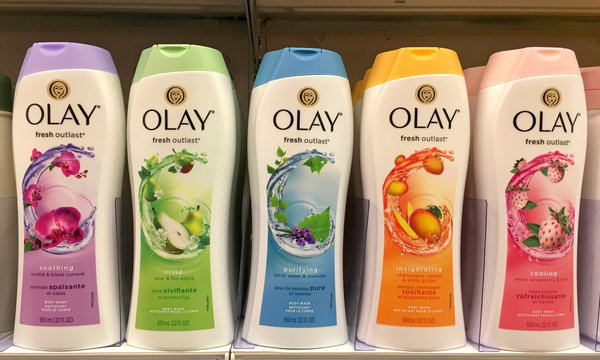 Alameda, CA - October 05, 2017: Grocery store shelf with Olay brand body washes. Olay, previously Oil of Olay, is an American skin care line. It is one of Procter & Gamble's multibillion-dollar brands
